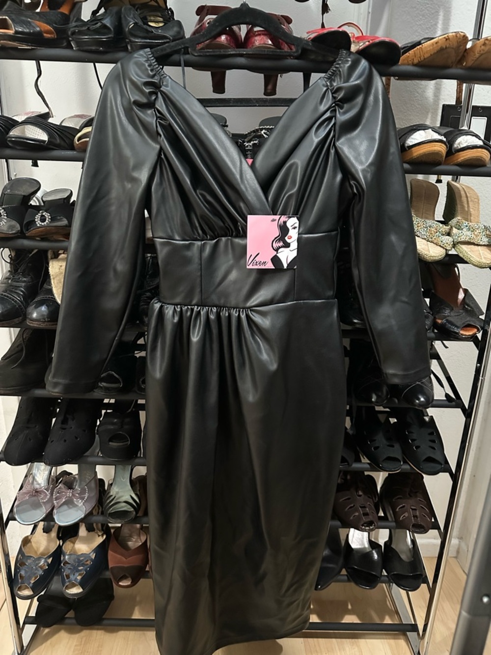 Vixen by Micheline Pitt Starlet Black VeganLeather Long Sleeve Midi Dress